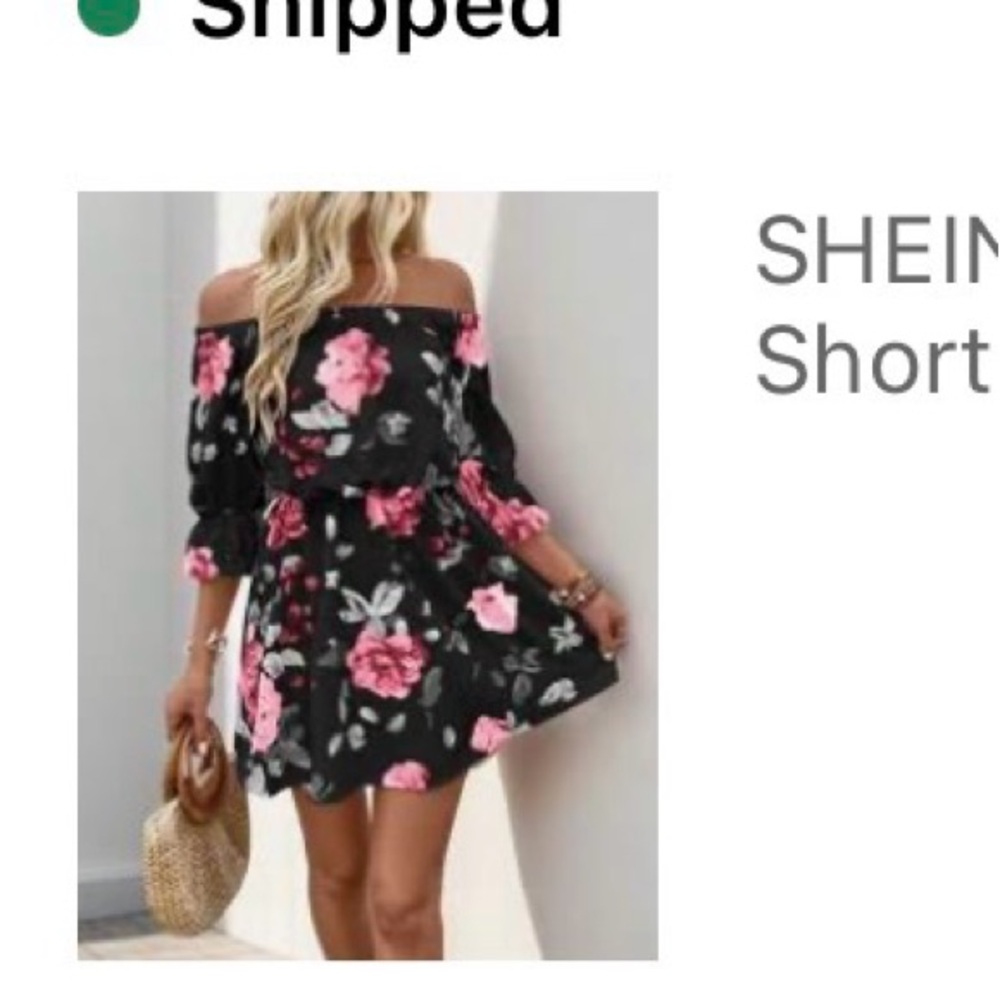 SHEIN Black Off-Shoulder Mini Dress with Pink Floral Print